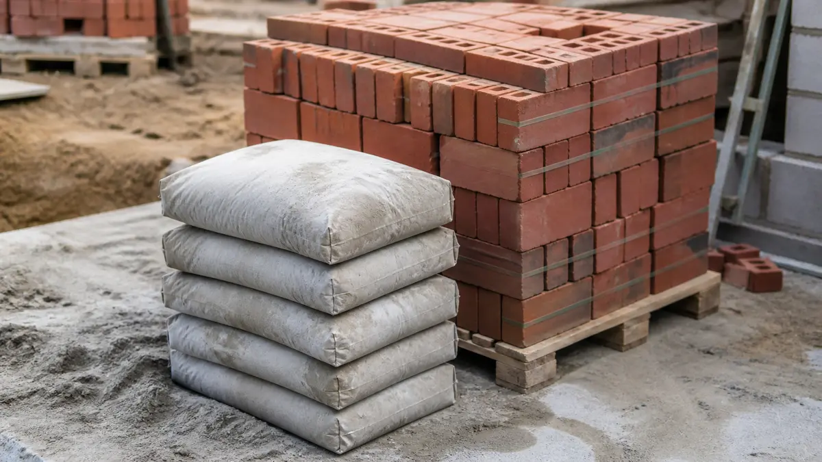 Bags of mortar mix stacked beside a large pallet of bricks on a masonry job site