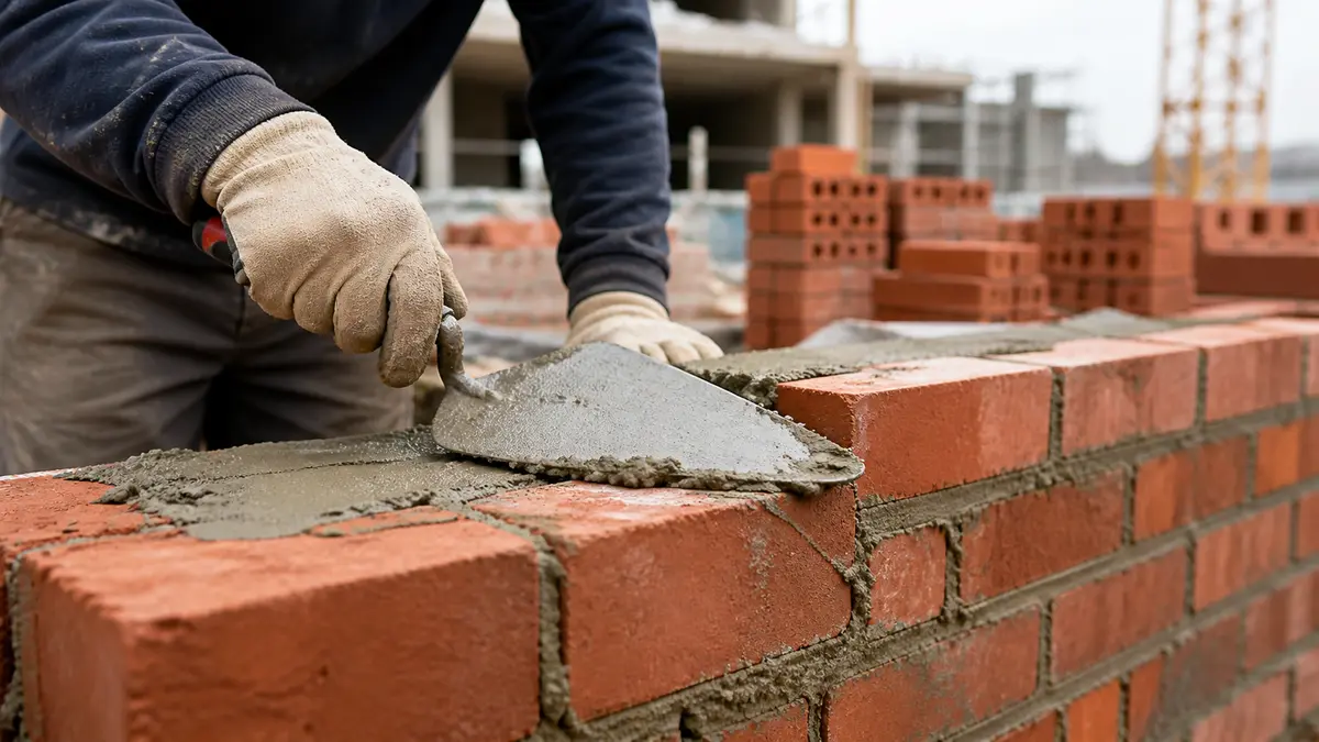 A mason spreading mortar with a trowel while laying a red brick wall on a job site