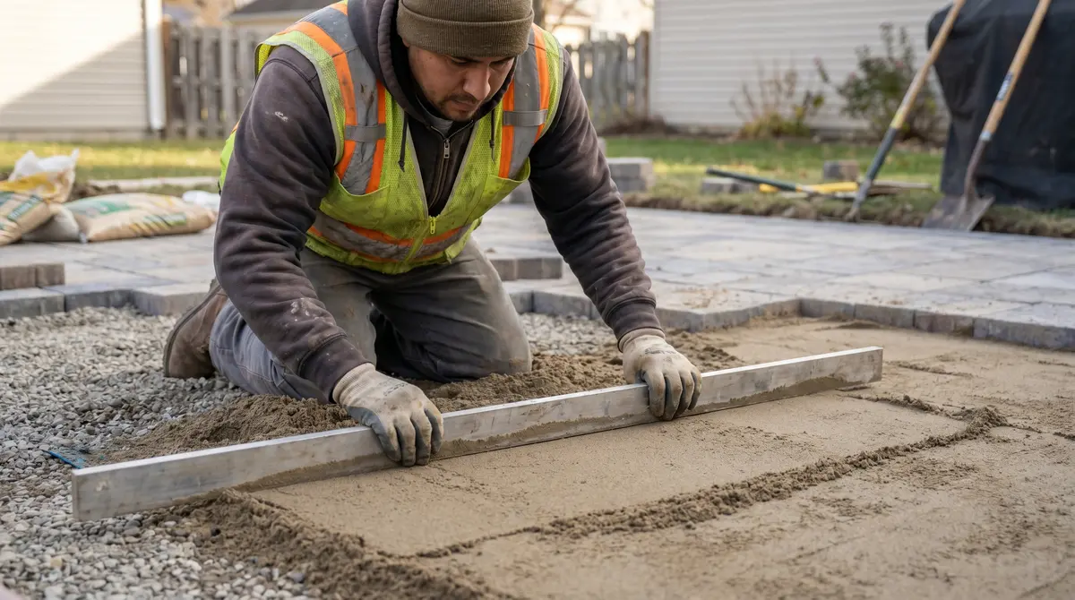 A worker screeding a 1 inch bedding sand layer over compacted gravel base for a paver patio