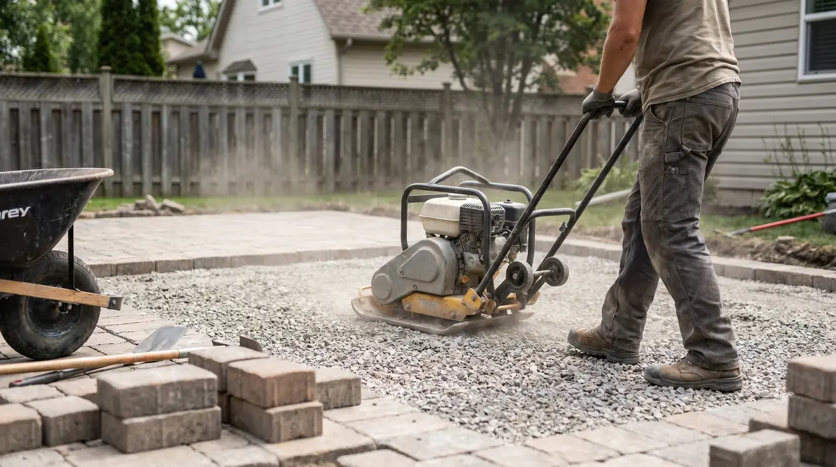A compacted gravel paver base being leveled with a plate compactor before pavers are laid