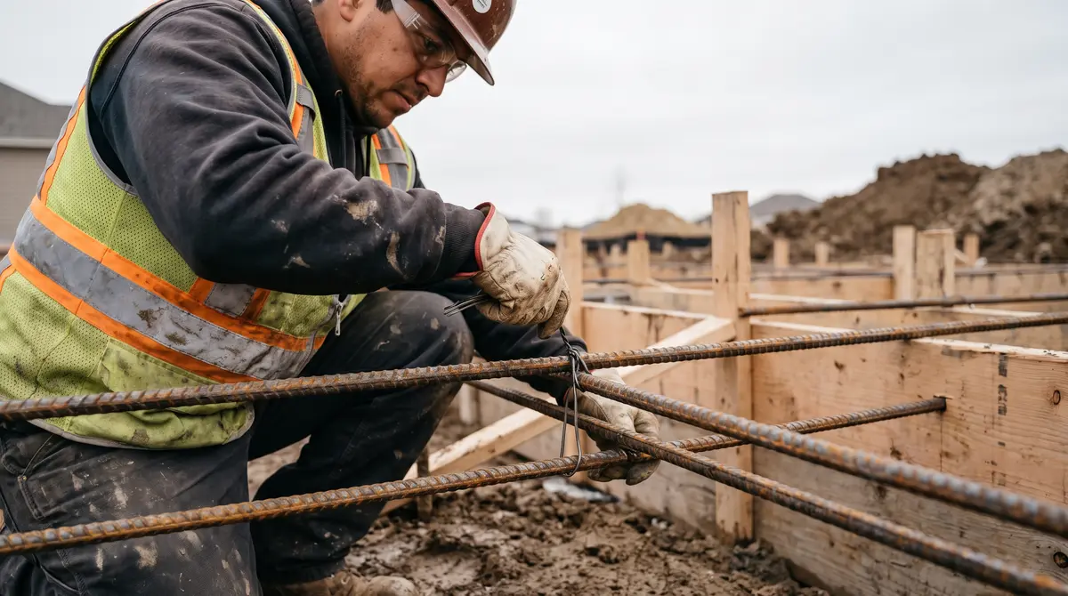 A worker overlapping two rebar sticks and tying the lap splice with wire on a residential foundation