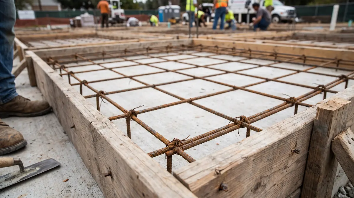 A grid of #4 rebar tied into squares inside wooden forms on a slab ready for a concrete pour