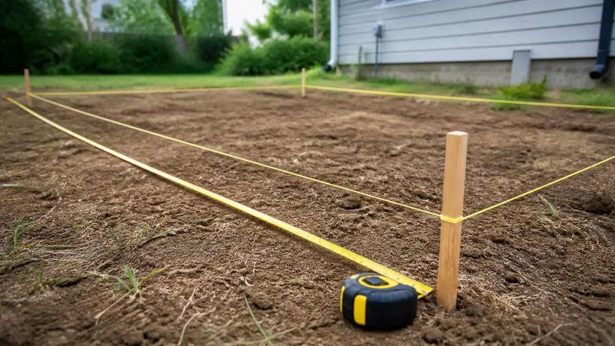 A tape measure and stakes marking out a rectangular section of land beside a house lot