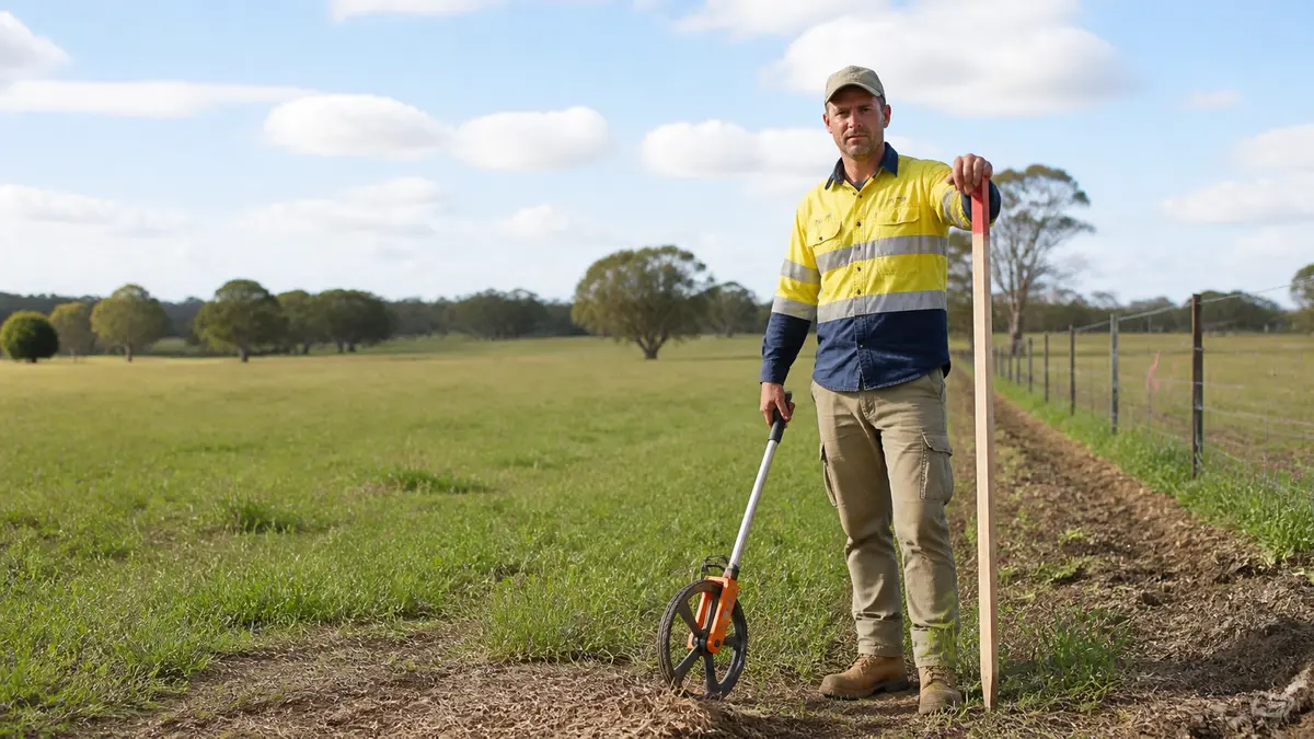 A surveyor holding a measuring wheel and stake at the corner of an open rural acre lot
