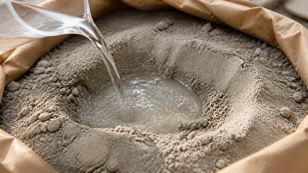 Close-up of water being measured into a depression in a bag of dry concrete mix
