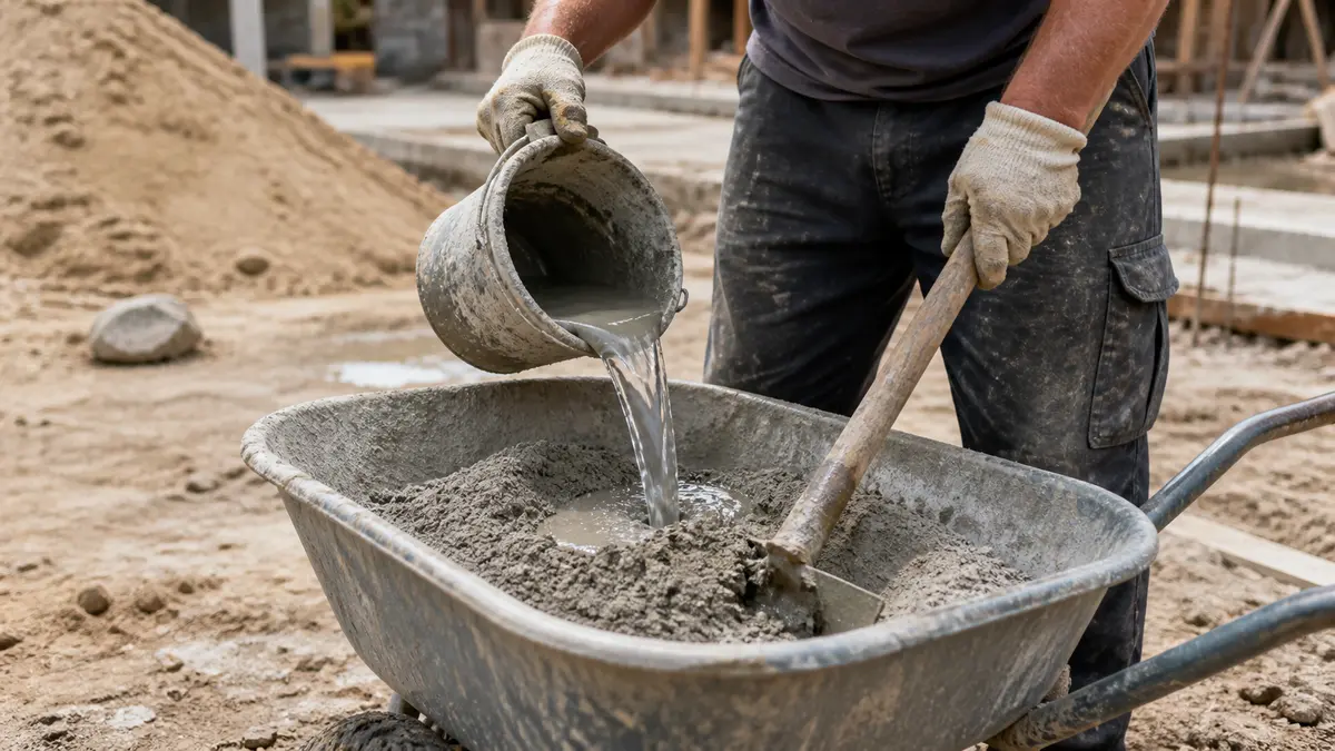 A contractor pouring water into a wheelbarrow of dry concrete mix while working it with a hoe