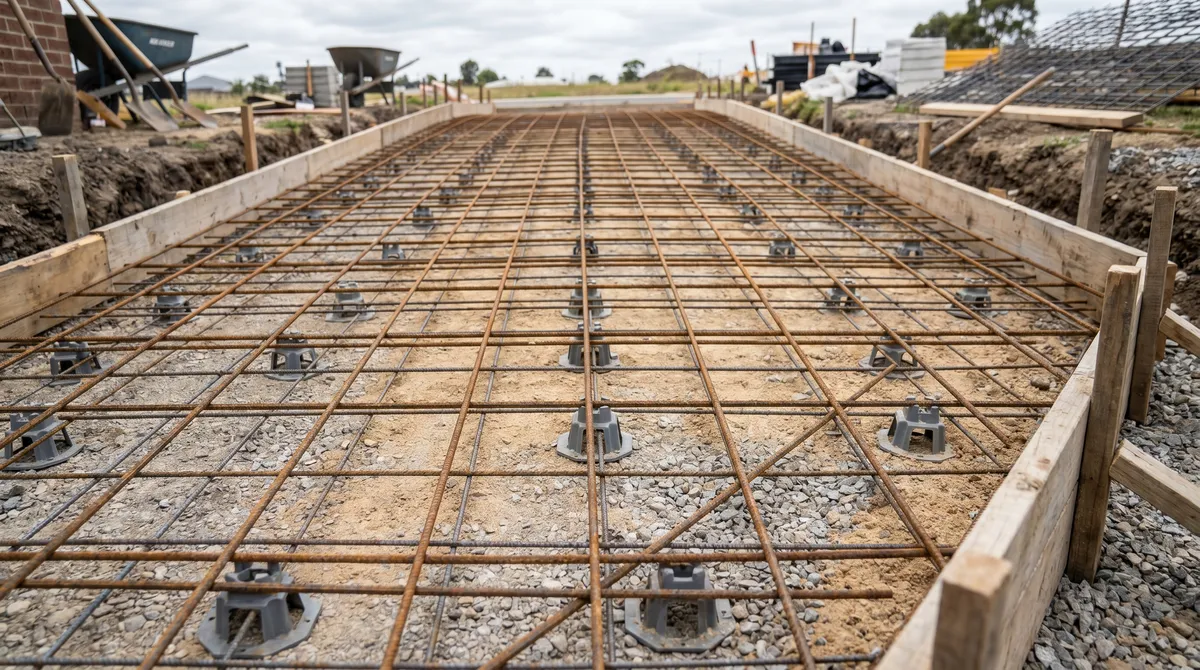 A welded wire mesh and rebar grid sitting on chairs inside concrete forms before a 6 inch driveway pour