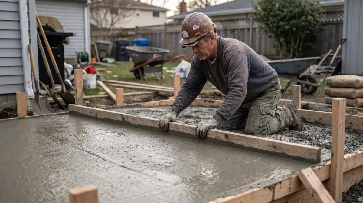 A worker screeding a freshly poured 4 inch concrete slab level between wooden forms on a backyard site
