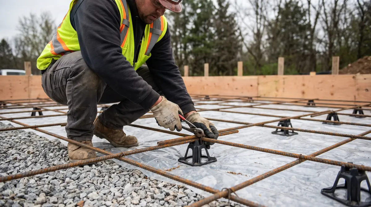 A worker tying #4 rebar on chairs over a gravel base and vapor barrier before pouring a garage slab