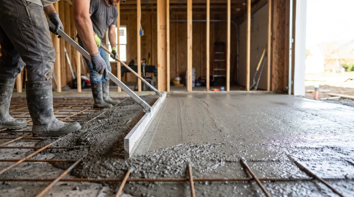 A freshly poured 6 inch garage slab with rebar grid being screeded level inside a two-car garage frame
