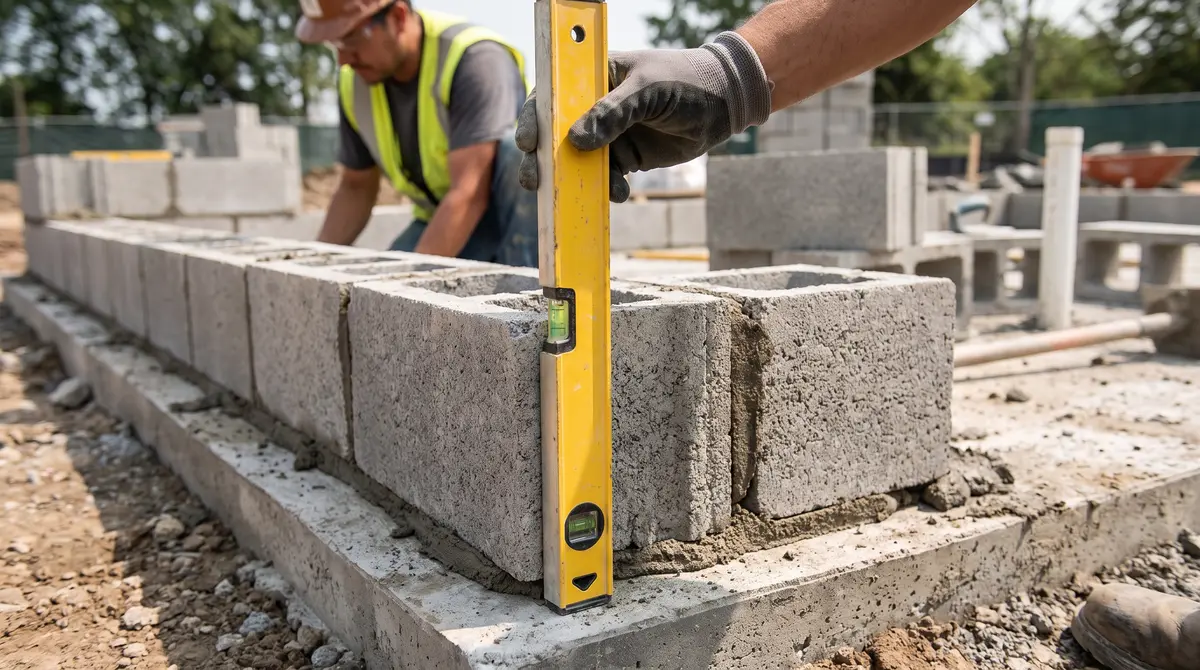 A level checking a course of concrete blocks for plumb during construction of a block wall on a footing