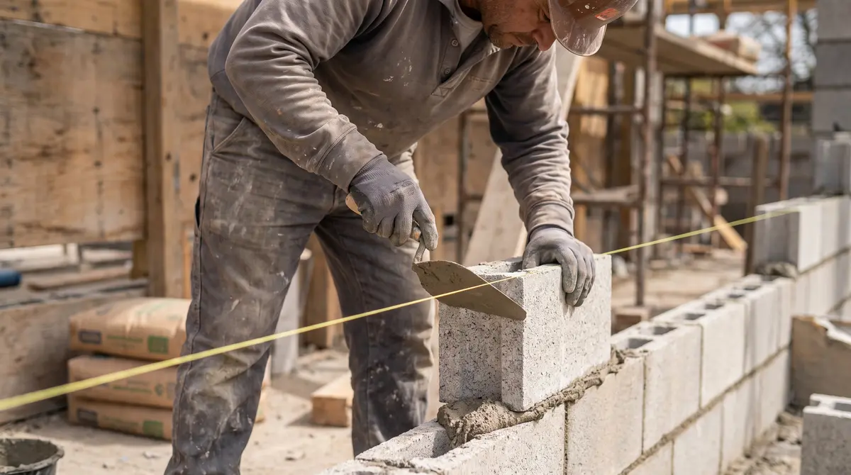 A mason laying a concrete block wall, buttering a CMU block with mortar on a trowel against a string line