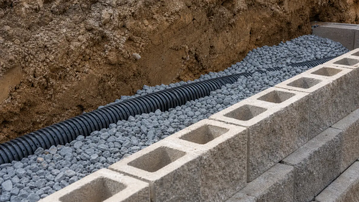 A perforated drain pipe and crushed gravel being backfilled behind a partly built block retaining wall