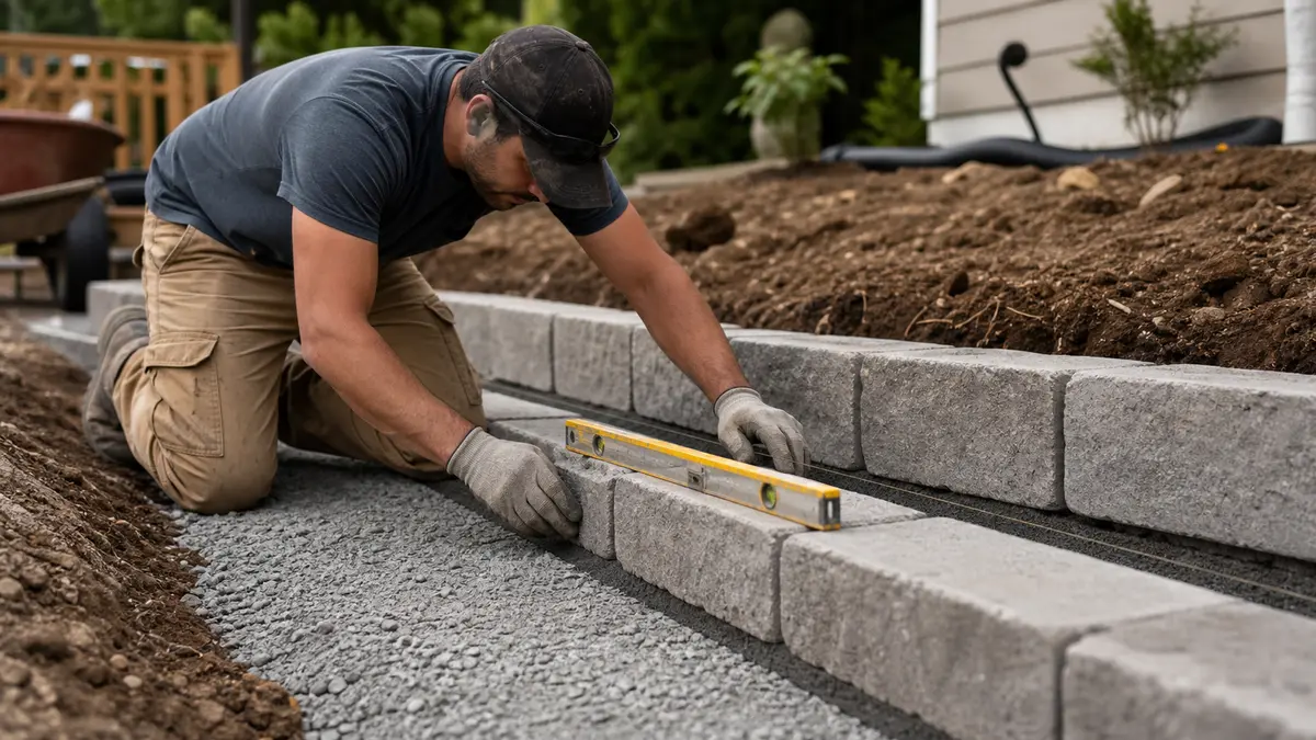 A landscaper setting the first course of concrete blocks on a level gravel base to build a retaining wall