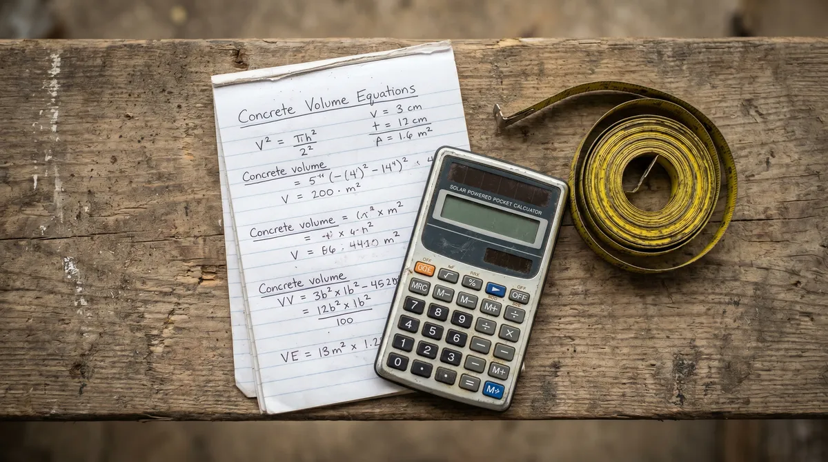 A notepad with concrete volume calculations beside a calculator and a tape measure on a plank