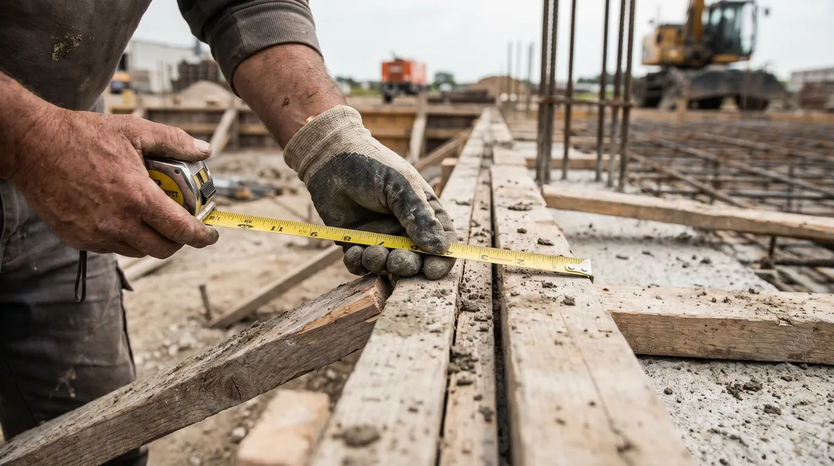 Measuring a wooden concrete slab form with a tape measure on a construction site
