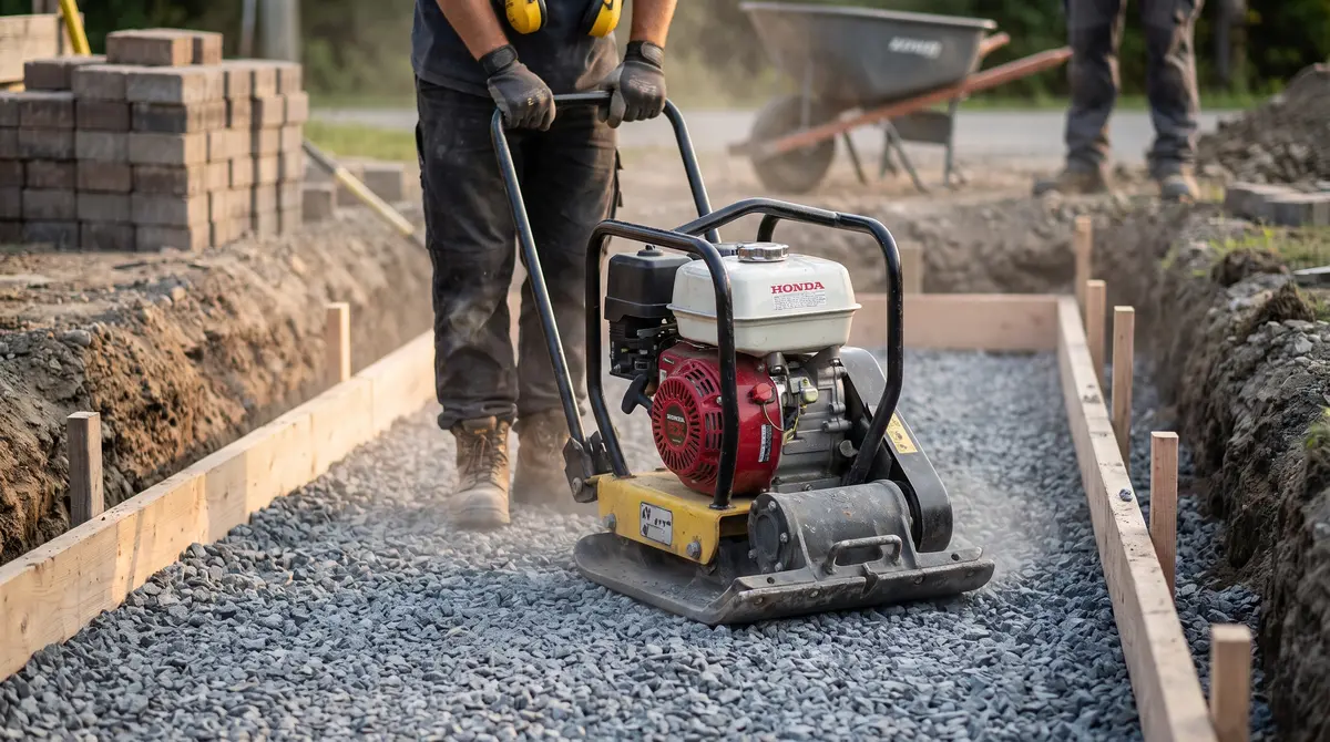 A plate compactor tamping a crushed gravel paver base with edge restraints set along the excavation