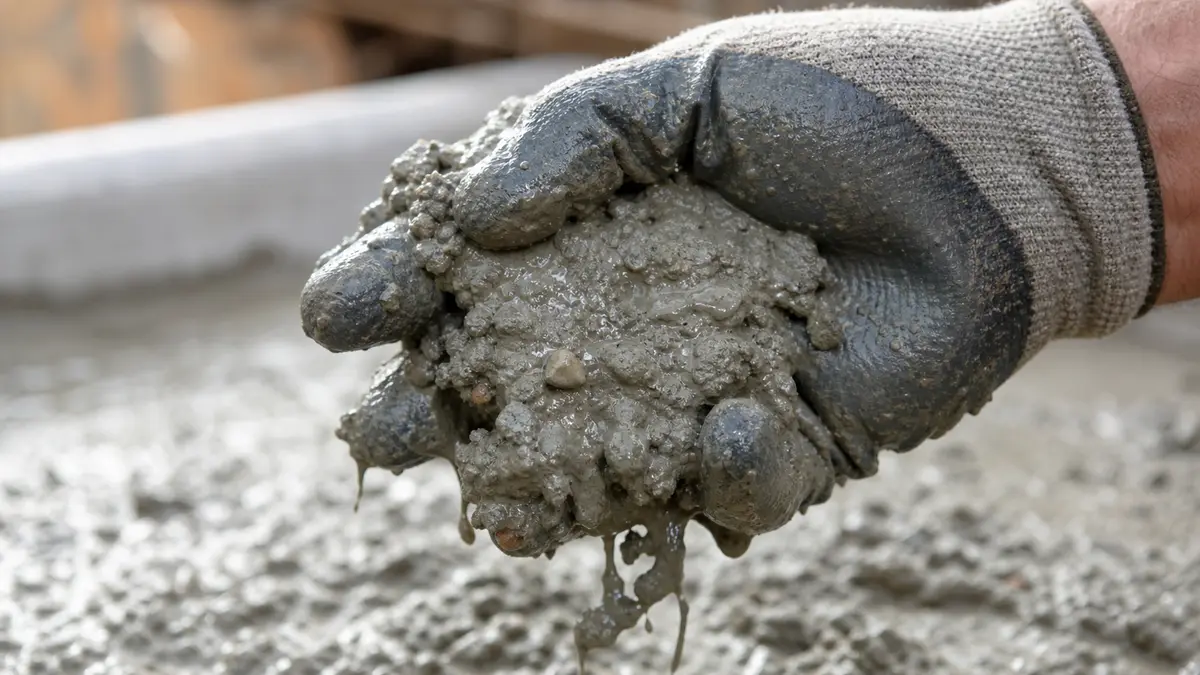 Close-up of wet concrete being tested for consistency by squeezing it in a gloved hand