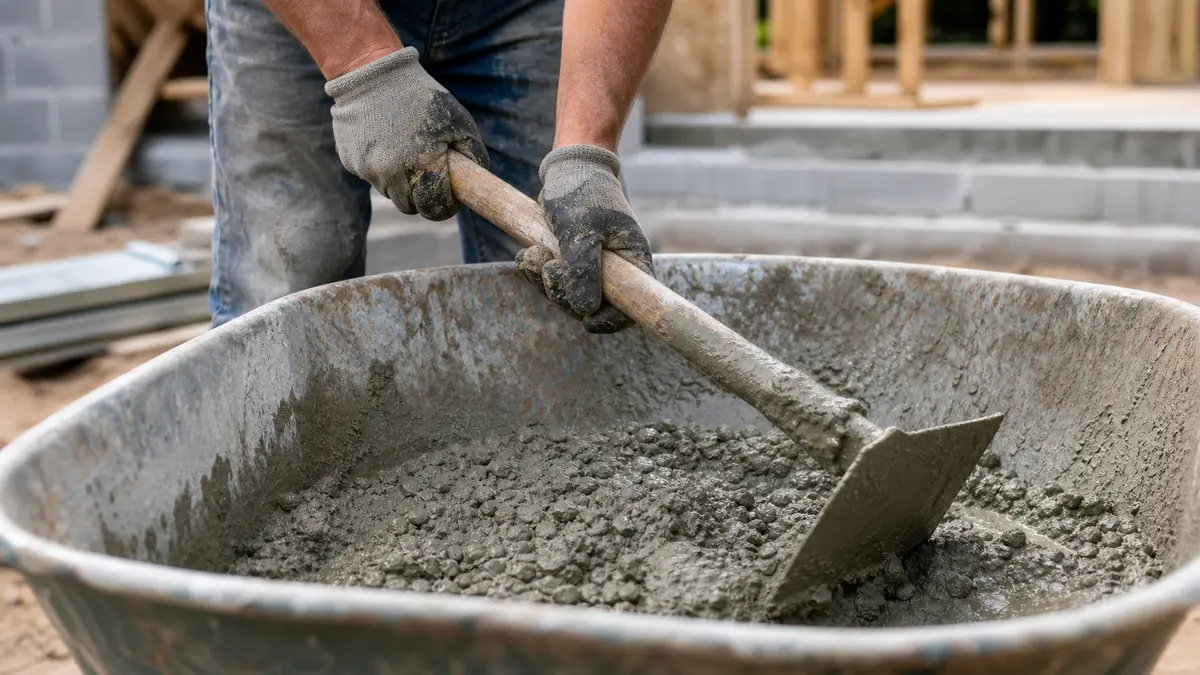 A worker hand mixing concrete with a hoe in a wheelbarrow on a residential job site