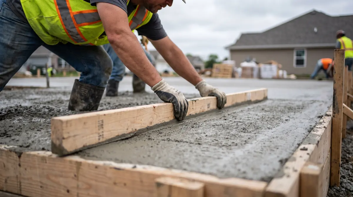 A worker screeding wet concrete level with a straight 2x4 board across the top of the forms
