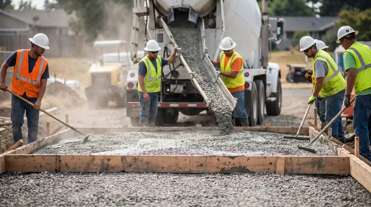 A crew pouring a concrete slab from a mixer chute into wooden forms over a compacted gravel base