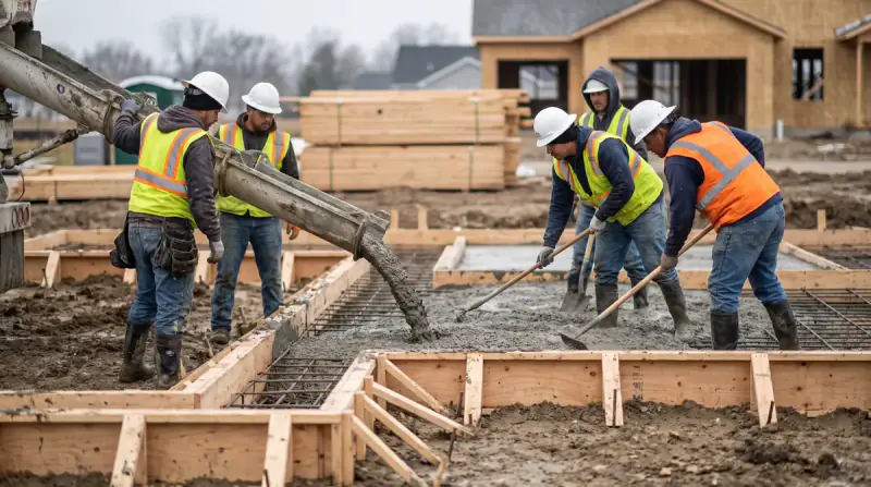 Concrete crew pouring a wide strip footing into a formed trench for a new home foundation wall