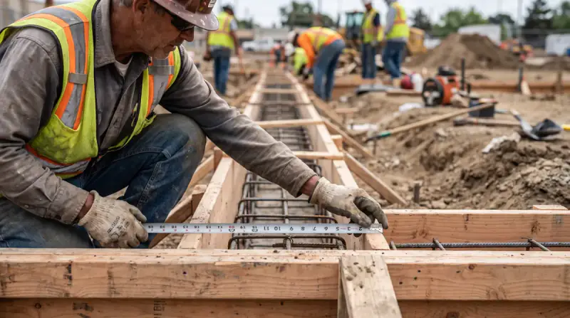 Worker measuring the width of a footing form with a tape measure before the concrete pour