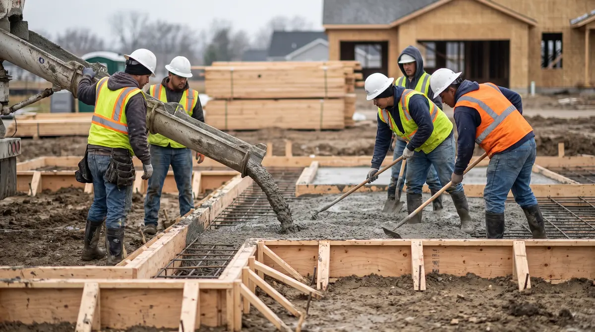 Concrete crew pouring a wide strip footing into a formed trench for a new home foundation wall