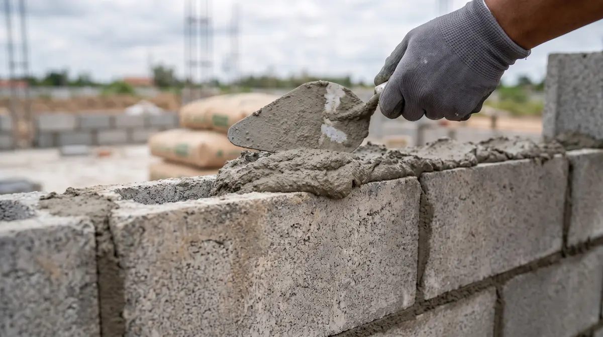 A trowel spreading a bed of mortar on a concrete block wall showing consistent 3/8 inch joints