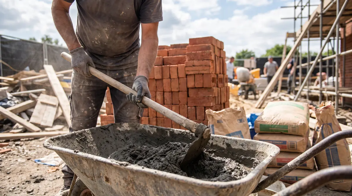 A mason mixing fresh mortar to the correct ratio in a wheelbarrow beside a stack of bricks on a job site