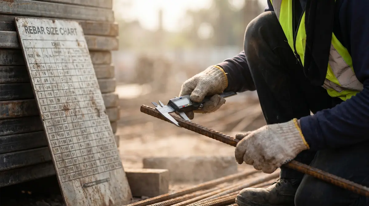 A worker measuring the diameter of a steel rebar with calipers against a rebar size chart