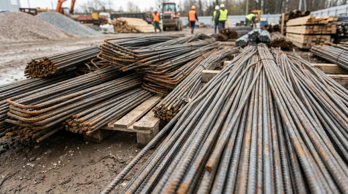Bundles of deformed steel rebar in different sizes stacked at a construction supply yard