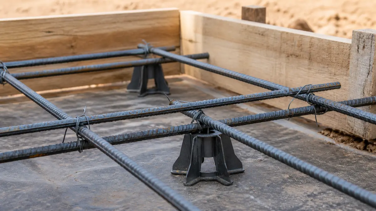 Close-up of rebar chairs holding steel bars off the ground inside wooden slab forms