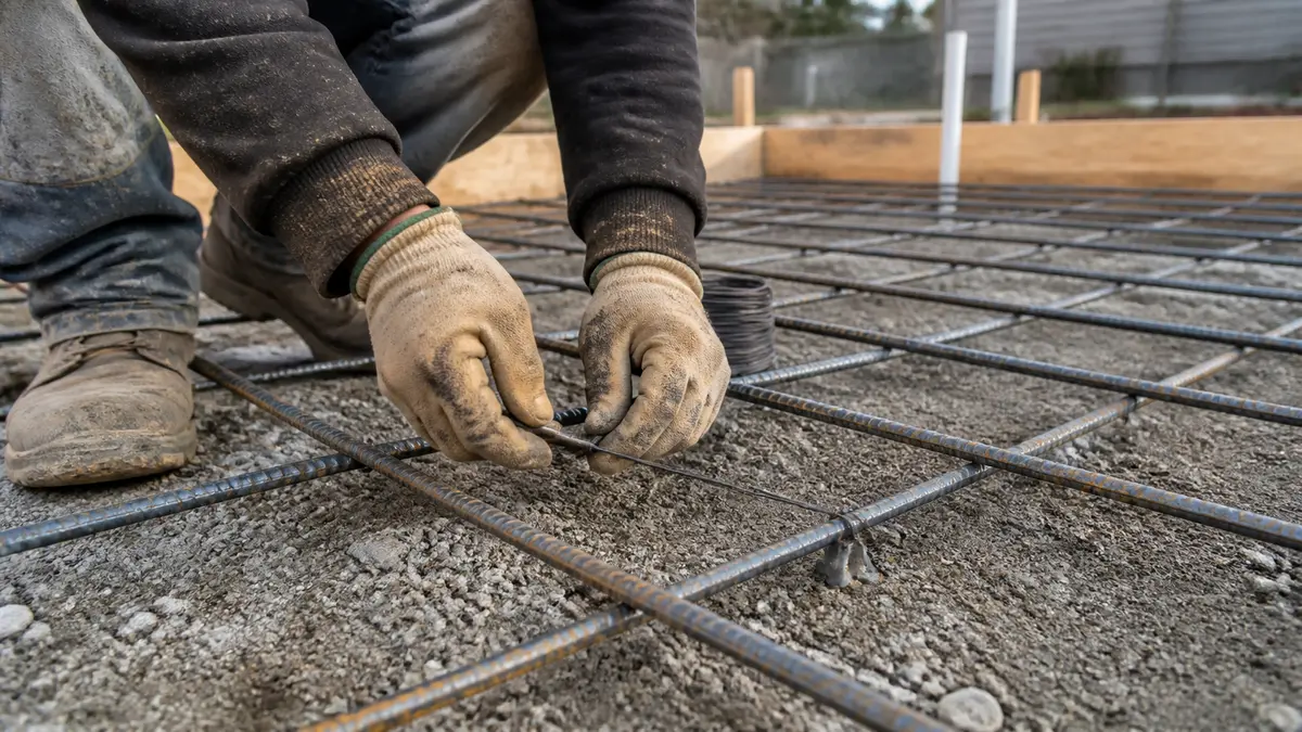Worker tying a rebar grid with wire on a residential concrete slab base before the pour