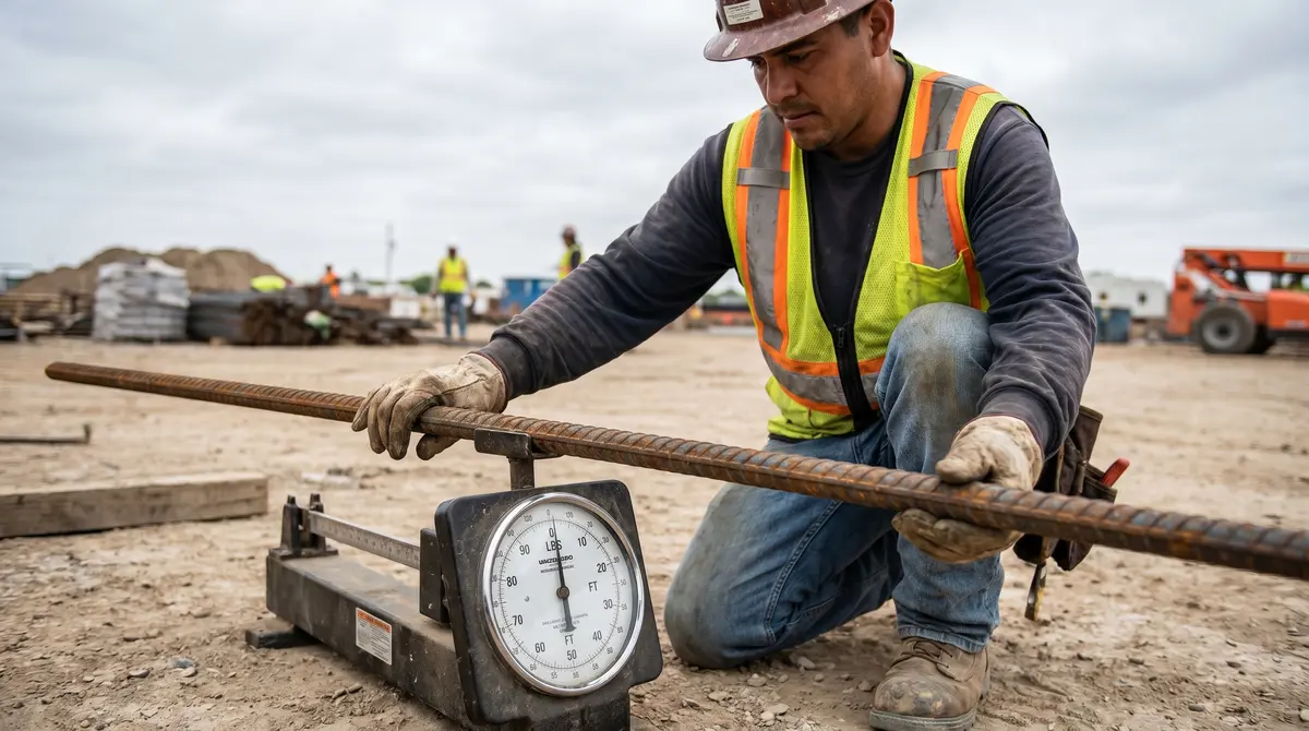A worker weighing a length of steel reinforcing bar to check pounds per foot on site