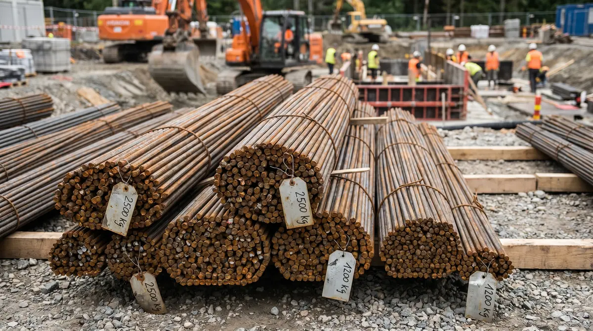 Bundles of steel rebar stacked by size on a construction site with weight tags