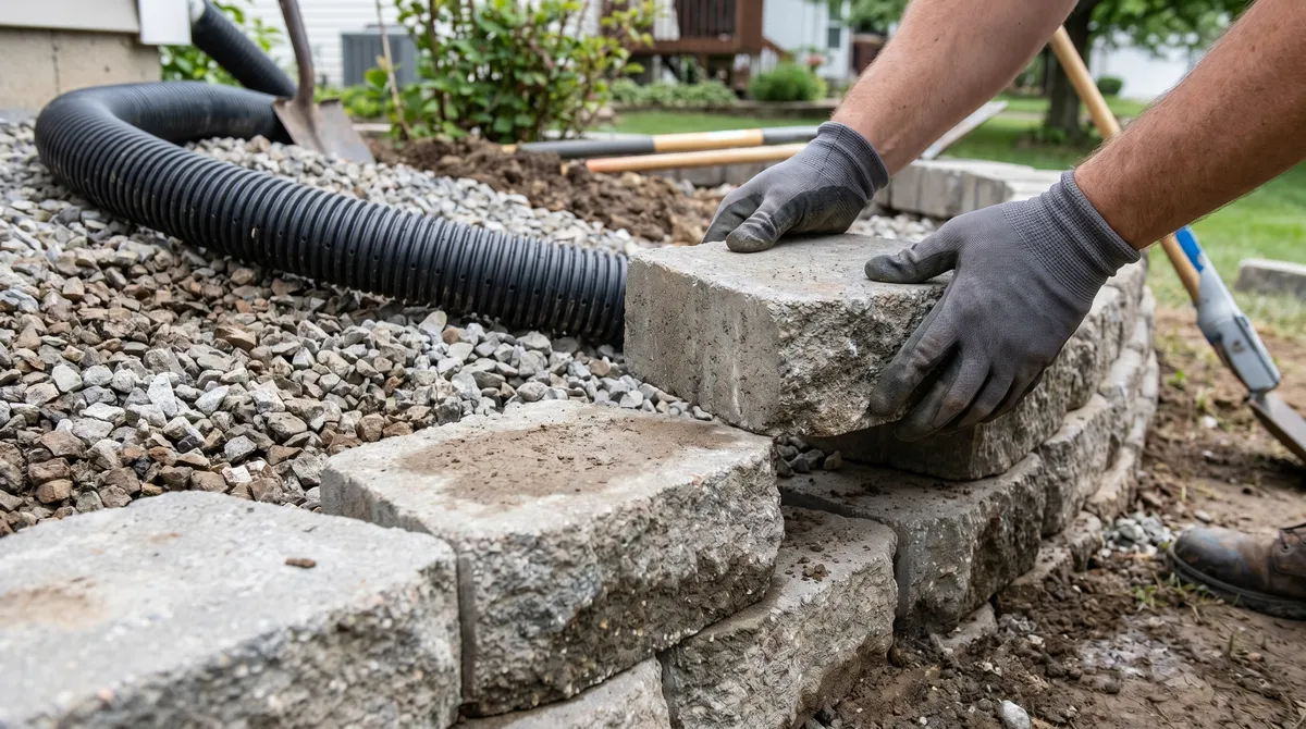 Segmental retaining wall blocks being stacked with drainage gravel and a perforated pipe behind them