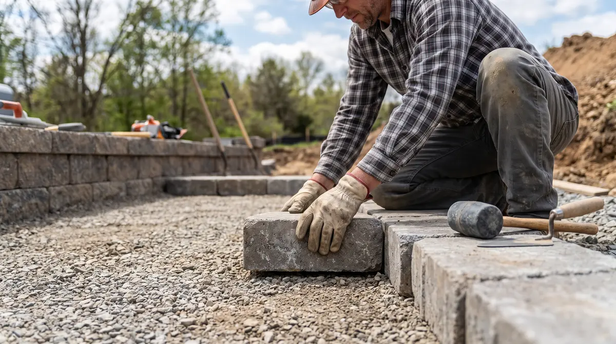 A contractor laying interlocking concrete blocks for a retaining wall course on a compacted gravel base