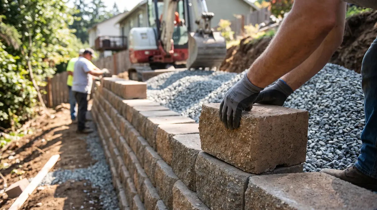 A segmental concrete block retaining wall being built on a residential slope with gravel backfill