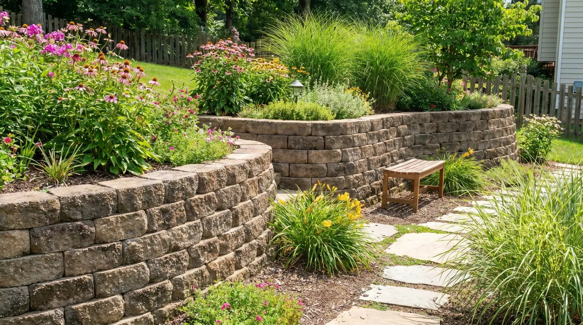 A segmental concrete block retaining wall in a landscaped backyard garden