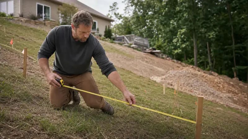 A contractor measuring a sloped backyard with a tape measure to estimate a retaining wall project