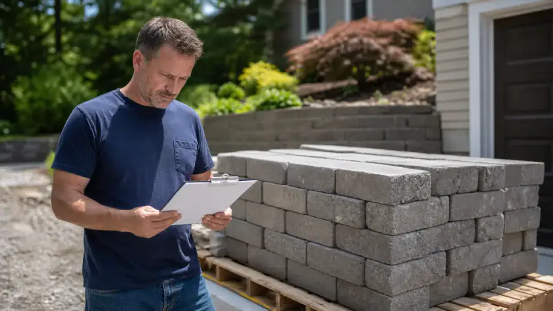 A homeowner reviewing a retaining wall estimate next to stacked concrete blocks on a pallet