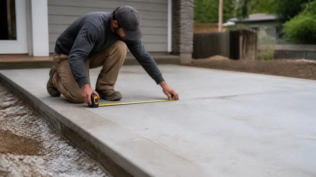 A worker measuring a concrete patio slab with a long tape measure before ordering material