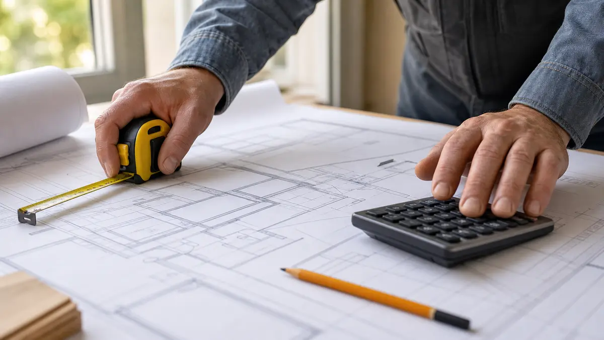 A contractor using a tape measure and calculator to work out square footage on a house blueprint
