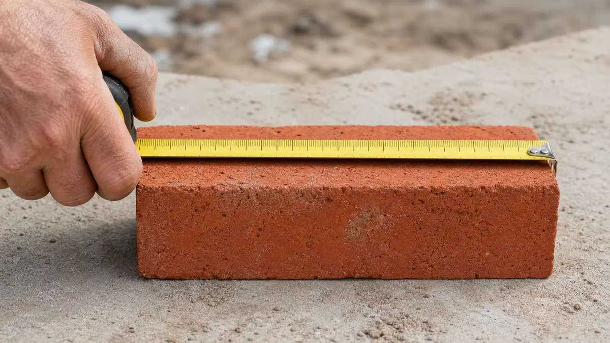 A worker's hand holding a tape measure across the length of a single red brick on a job site