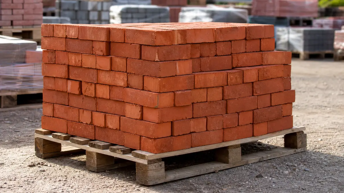 Stacked red clay bricks on a wood pallet at a masonry supply yard showing standard brick dimensions