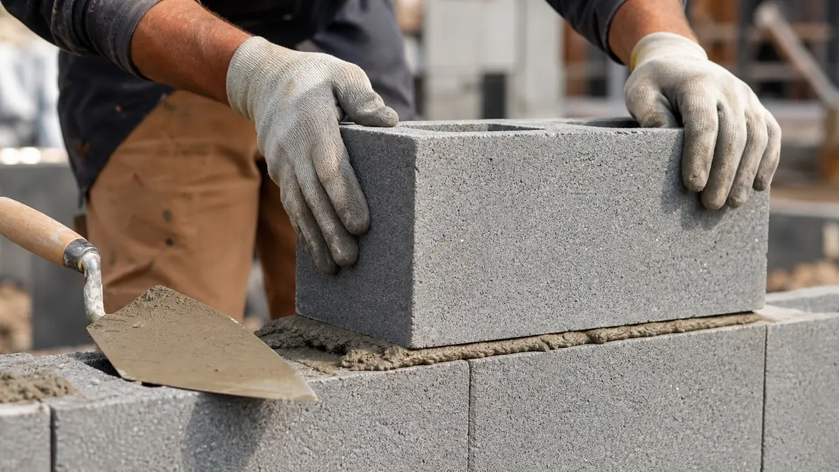 A mason laying a standard concrete block on a bed of mortar showing the 3/8 inch joint between courses