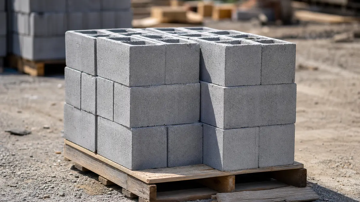 A pallet of standard 8x8x16 gray concrete blocks stacked on a construction site ready for a masonry wall