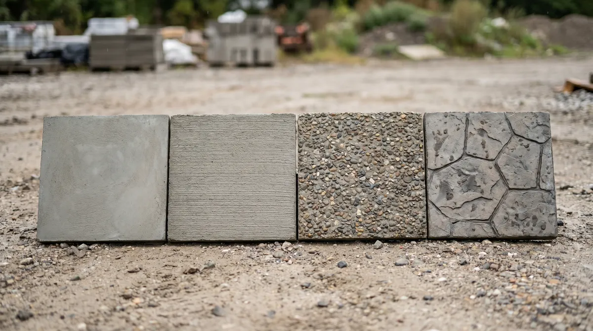 Concrete samples side by side showing broom, smooth troweled, exposed aggregate and stamped finishes