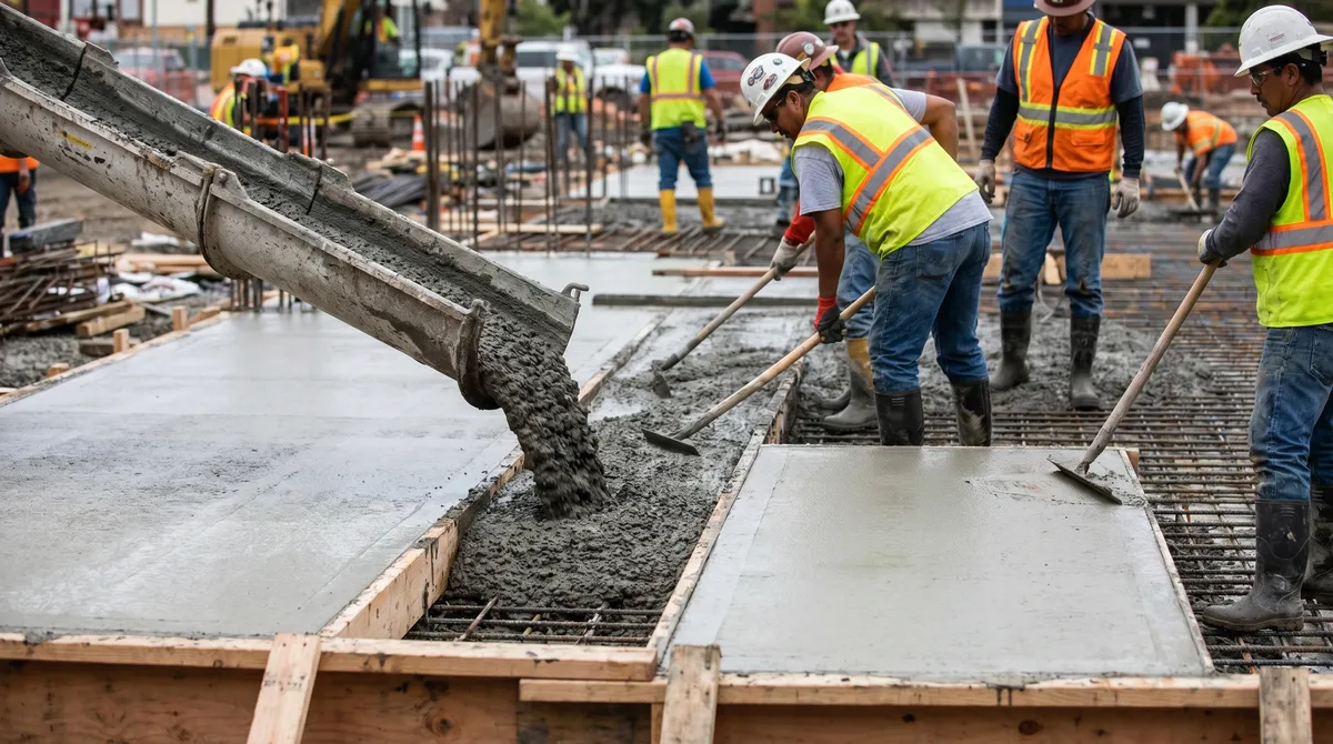 Fresh wet concrete being poured next to a smooth finished concrete surface